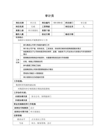 某汽车集团审计部审计员岗位说明书
