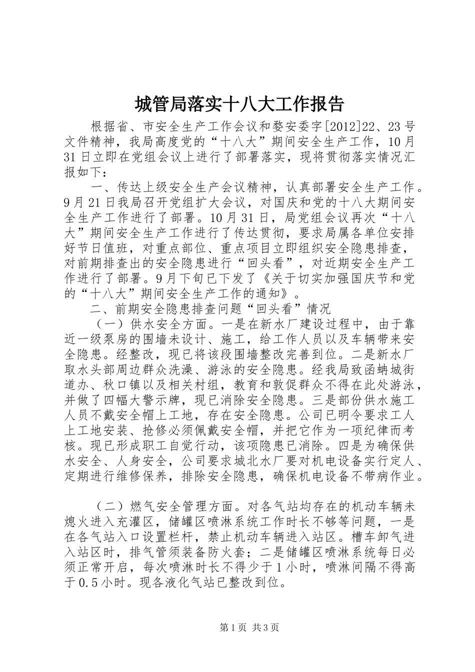 城管局落实十八大工作报告_第1页