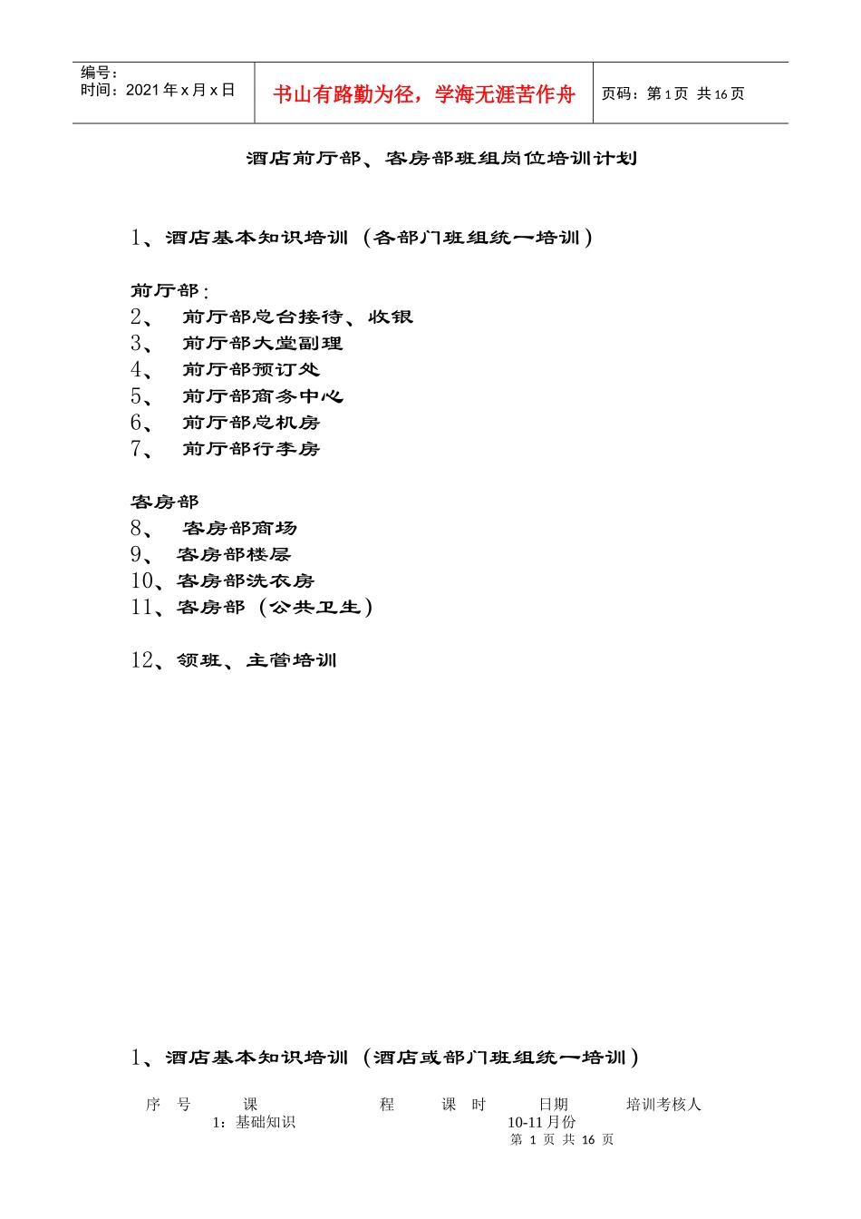 酒店房务部门各岗位开业培训计划书_第1页