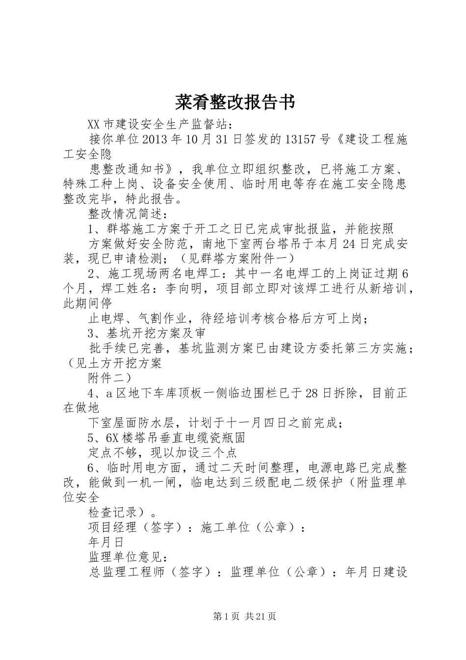 菜肴整改报告书_第1页