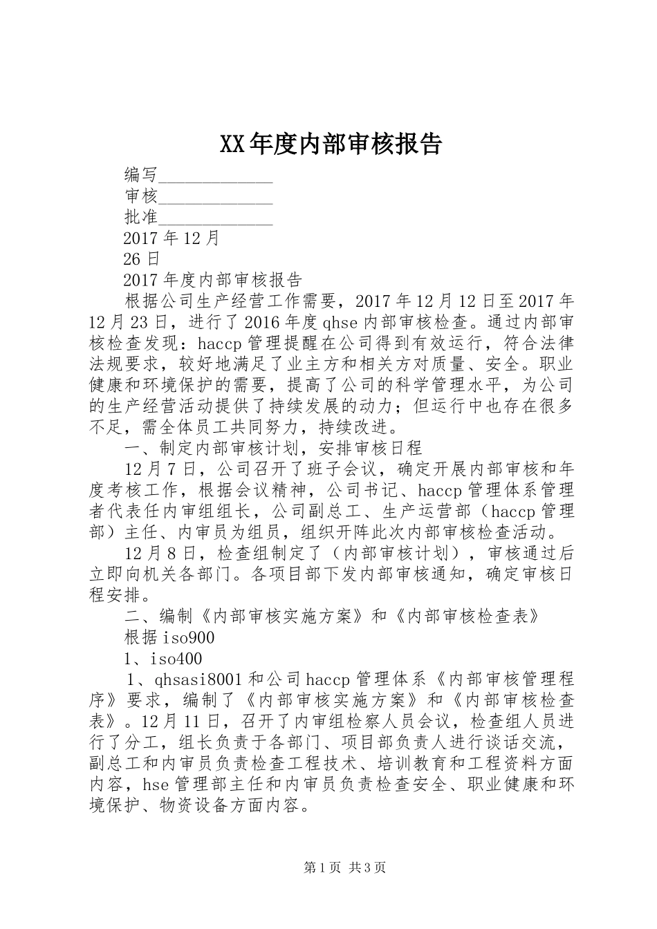 XX年度内部审核报告_第1页