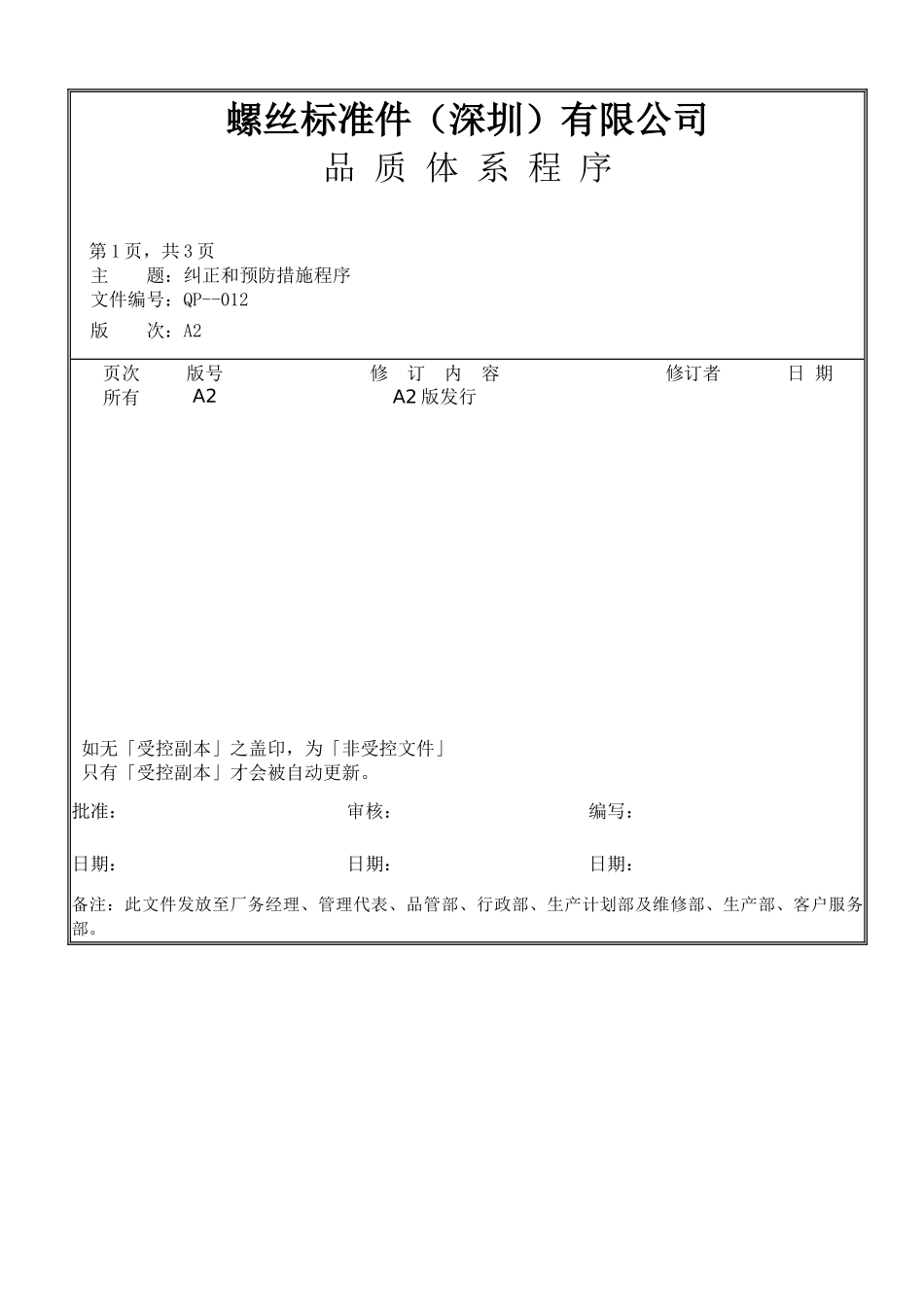 螺丝有限公司ISO90001范本--纠正和预防措施程序（doc）_第1页