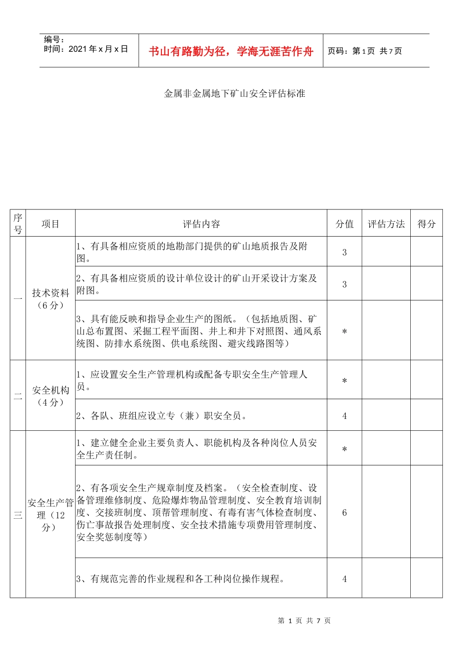 金属非金属地下矿山安全评估标准_第1页