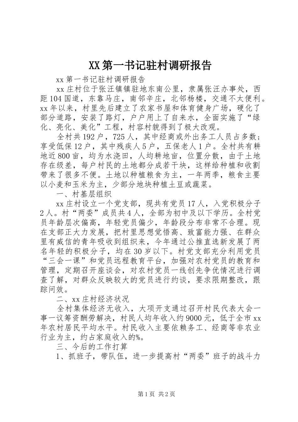 XX第一书记驻村调研报告_第1页