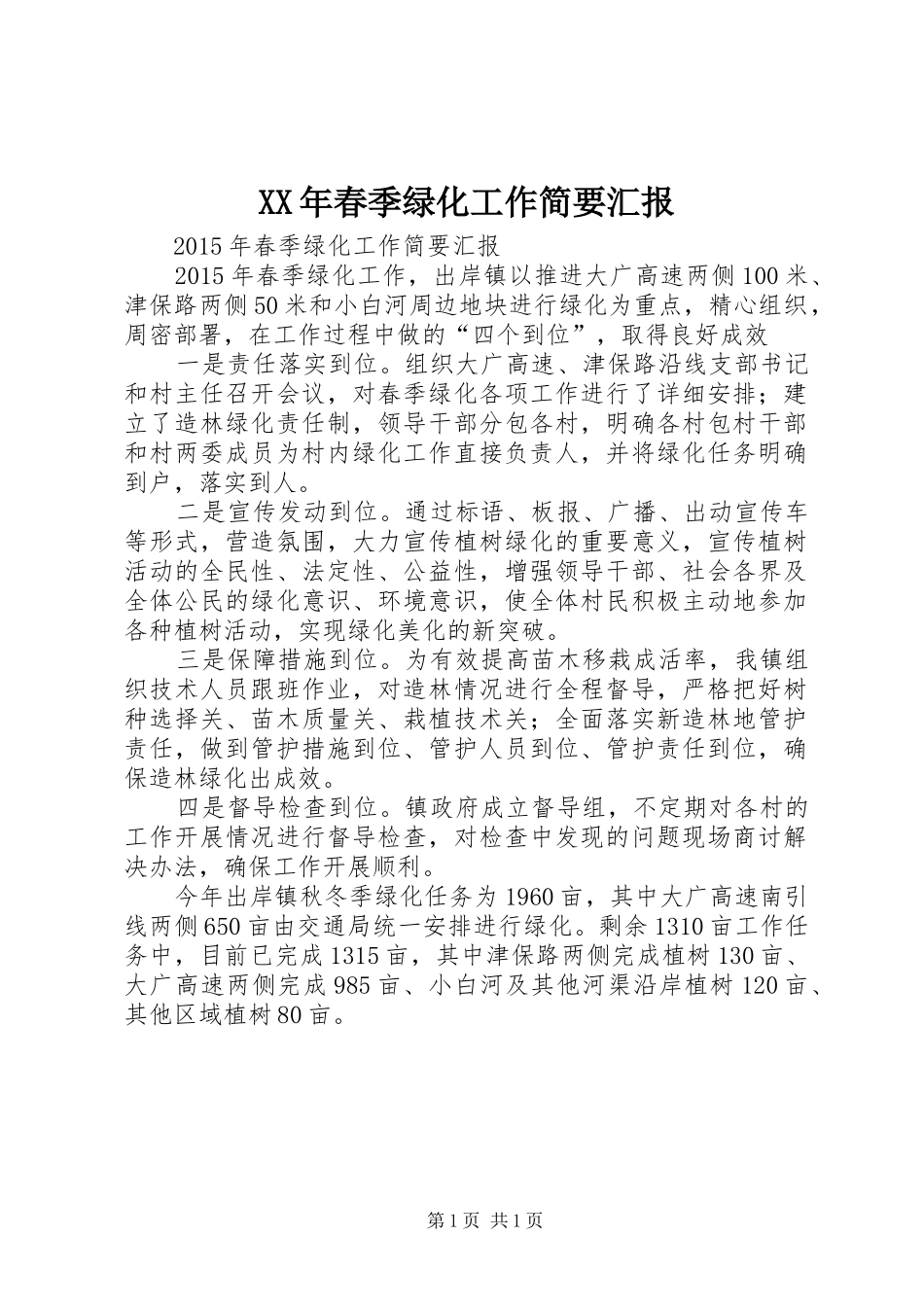 XX年春季绿化工作简要汇报_第1页