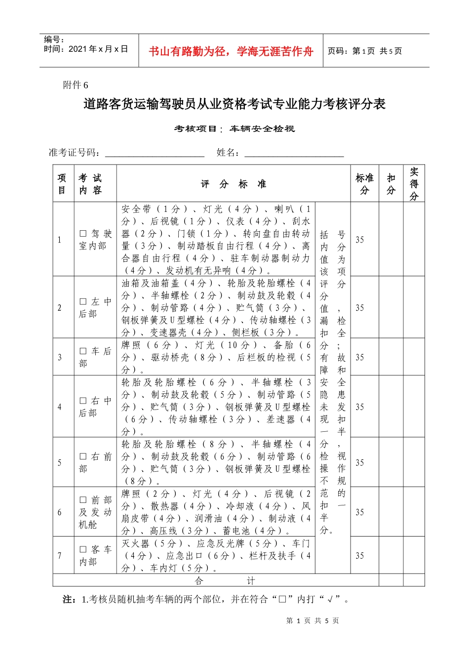 车辆安全检视评分表（附件6）doc-安徽省公路运输管理局_第1页