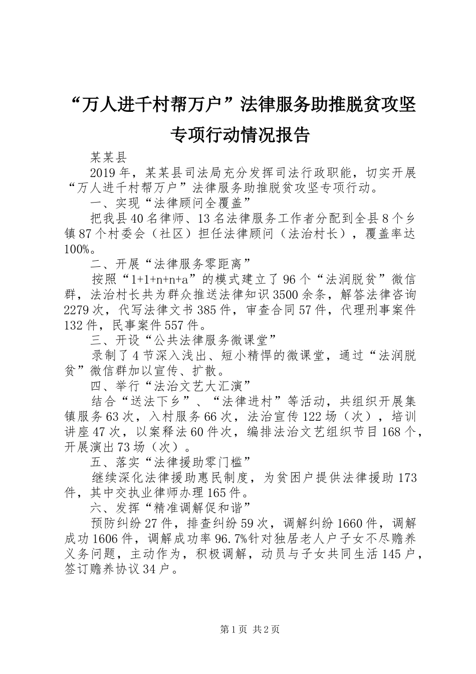 “万人进千村帮万户”法律服务助推脱贫攻坚专项行动情况报告_第1页
