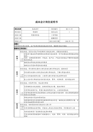 乾坤木业公司财务部成本会计岗位说明书