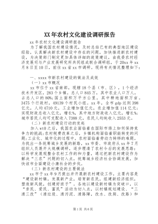 XX年农村文化建设调研报告