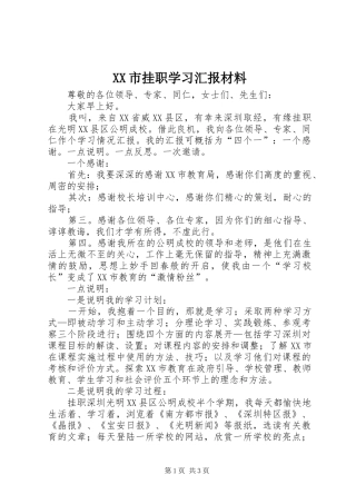 XX市挂职学习汇报材料