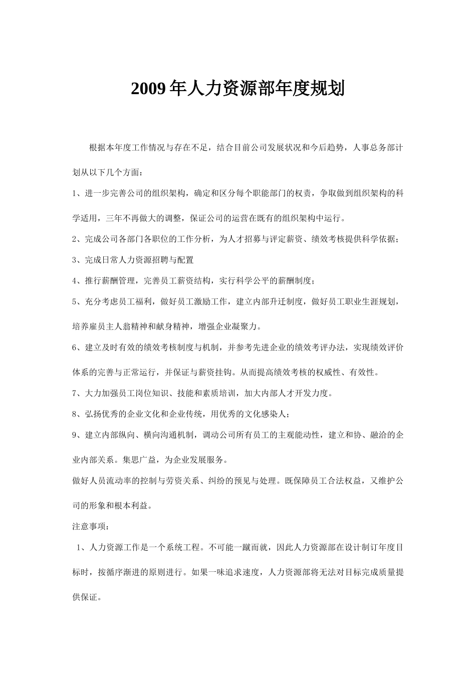 某公司2009年人力资源部年度工作规划_第1页