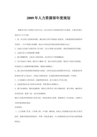 某公司2009年人力资源部年度工作规划
