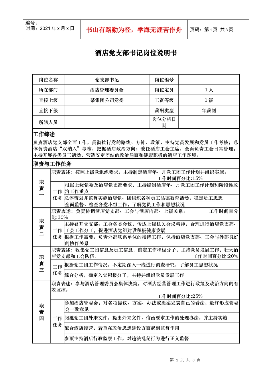 酒店党支部书记岗位说明书_第1页