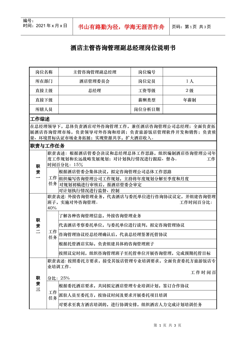 酒店主管咨询管理副总经理岗位说明书_第1页