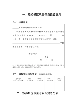 旅游景区质量等级推荐意见表