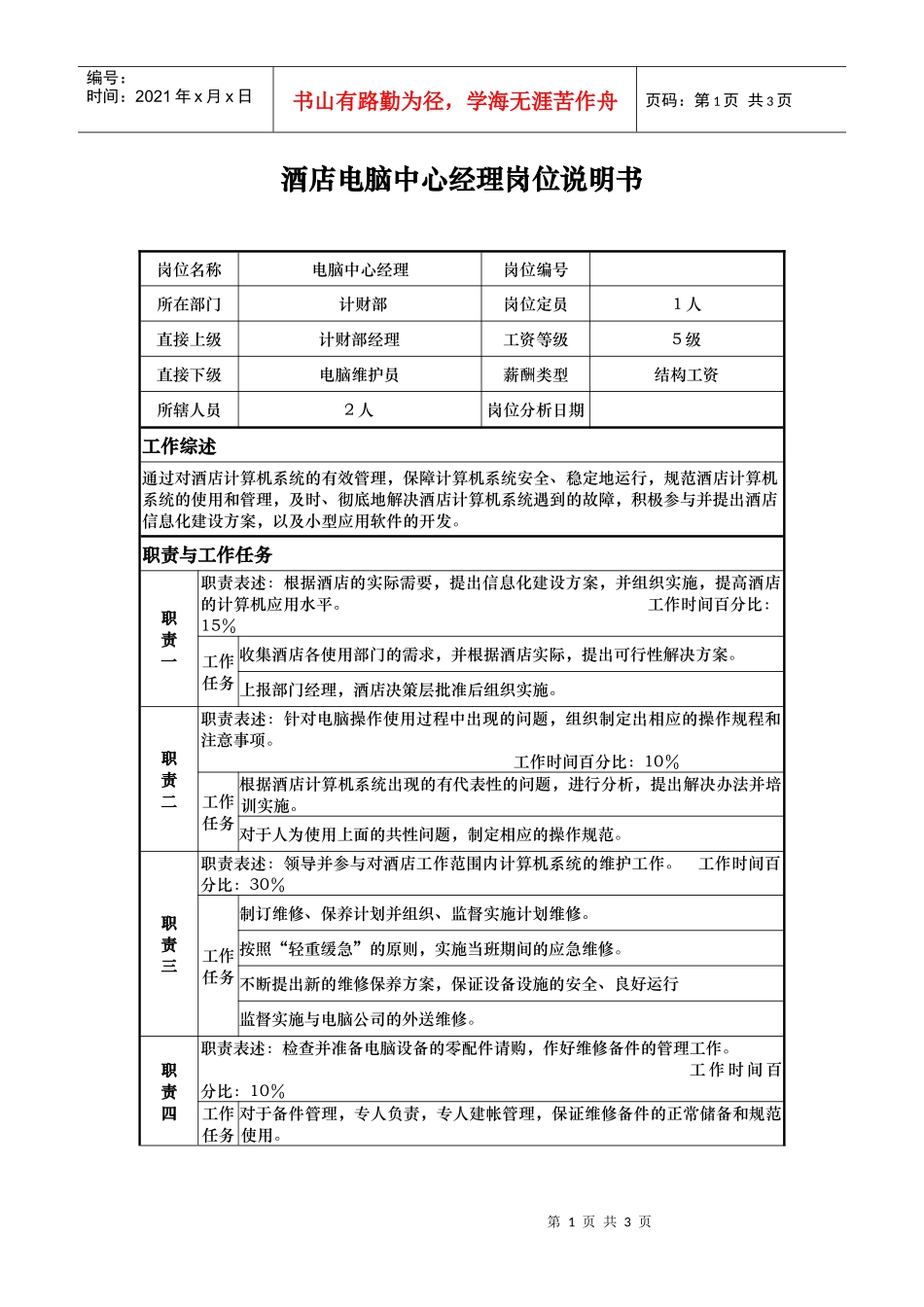 酒店电脑中心经理岗位说明书_第1页