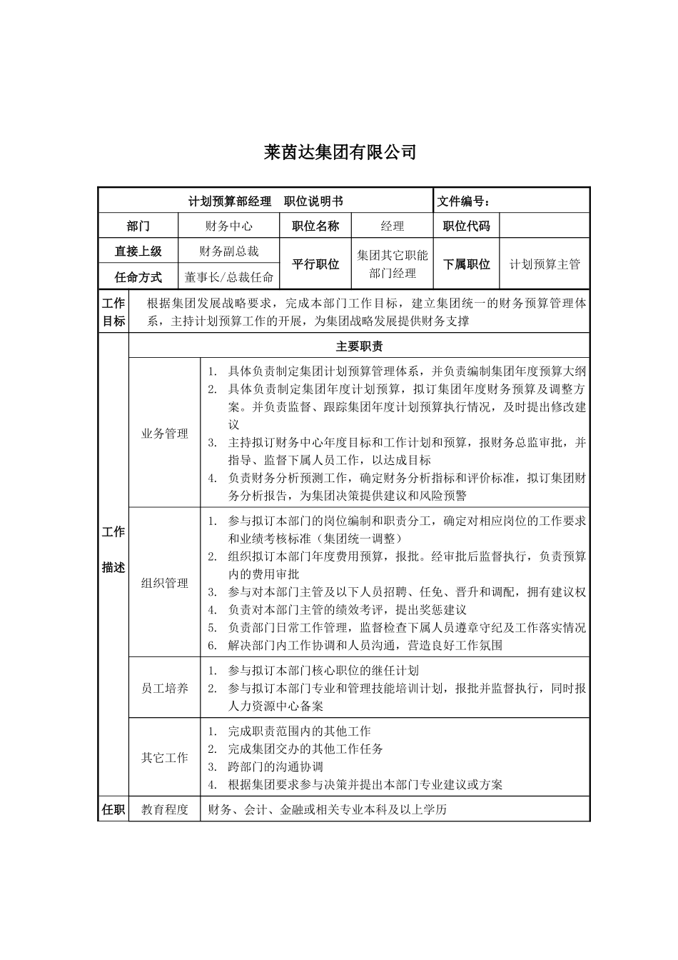 莱茵达公司计划预算部经理职位说明书_第1页