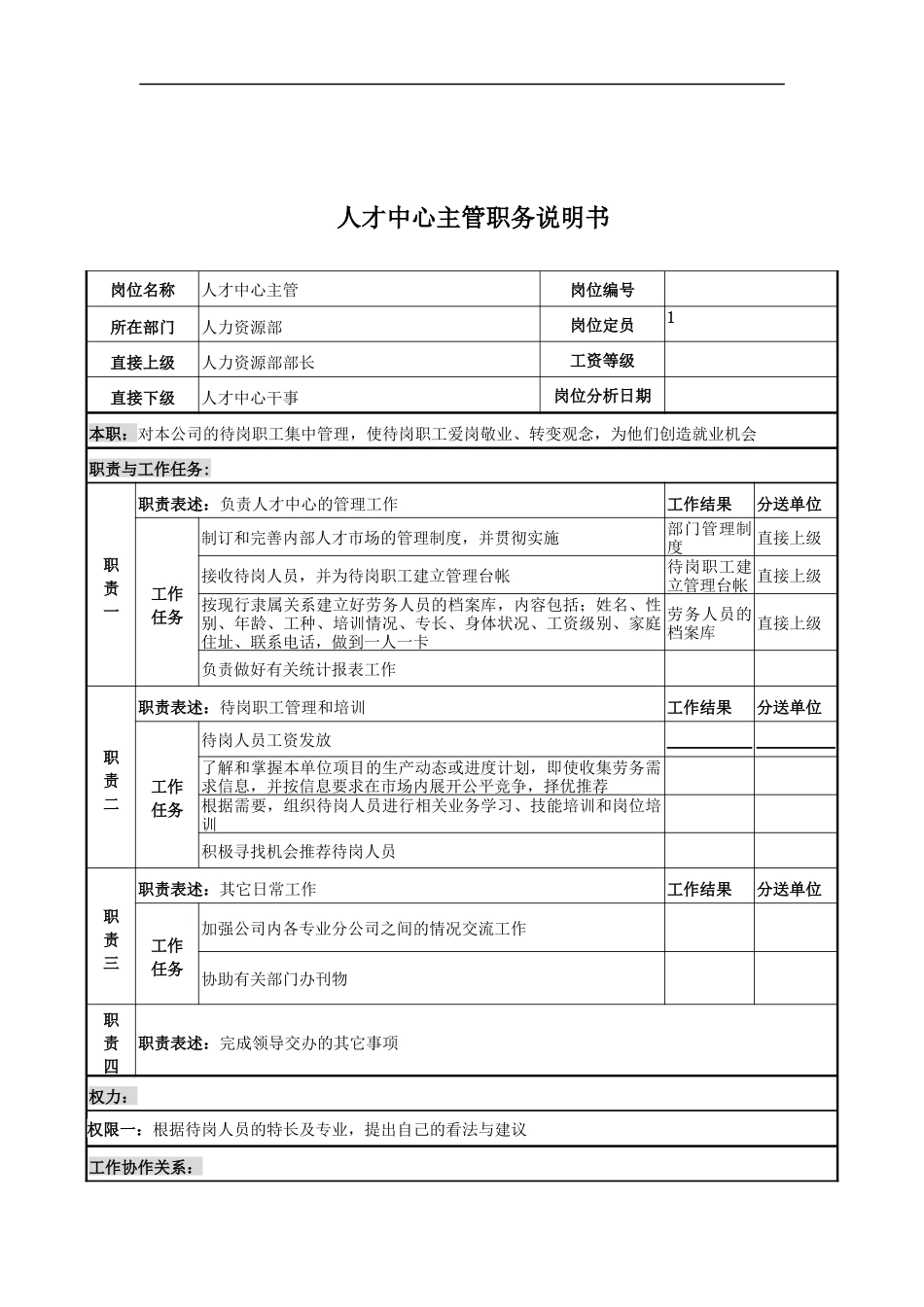 电力公司人才中心主管岗位说明书_第1页