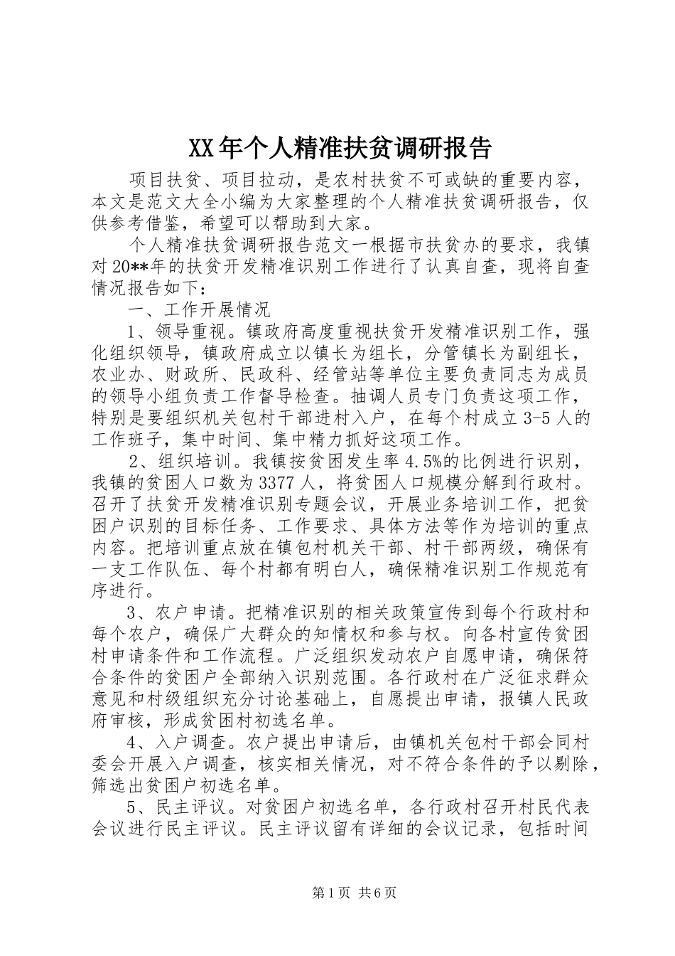 XX年个人精准扶贫调研报告_第1页