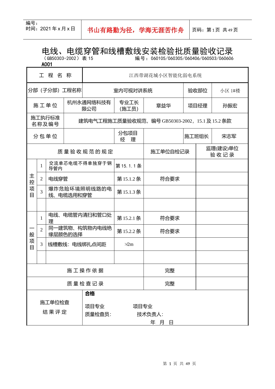 电线、电缆穿管和线槽敷线安装检验批质量验收记录_第1页