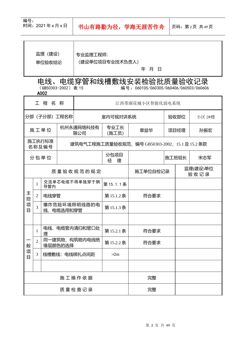 电线、电缆穿管和线槽敷线安装检验批质量验收记录_第2页