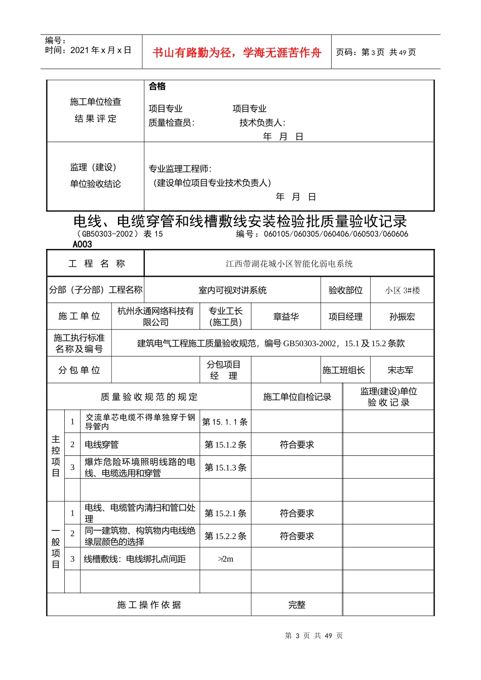 电线、电缆穿管和线槽敷线安装检验批质量验收记录_第3页