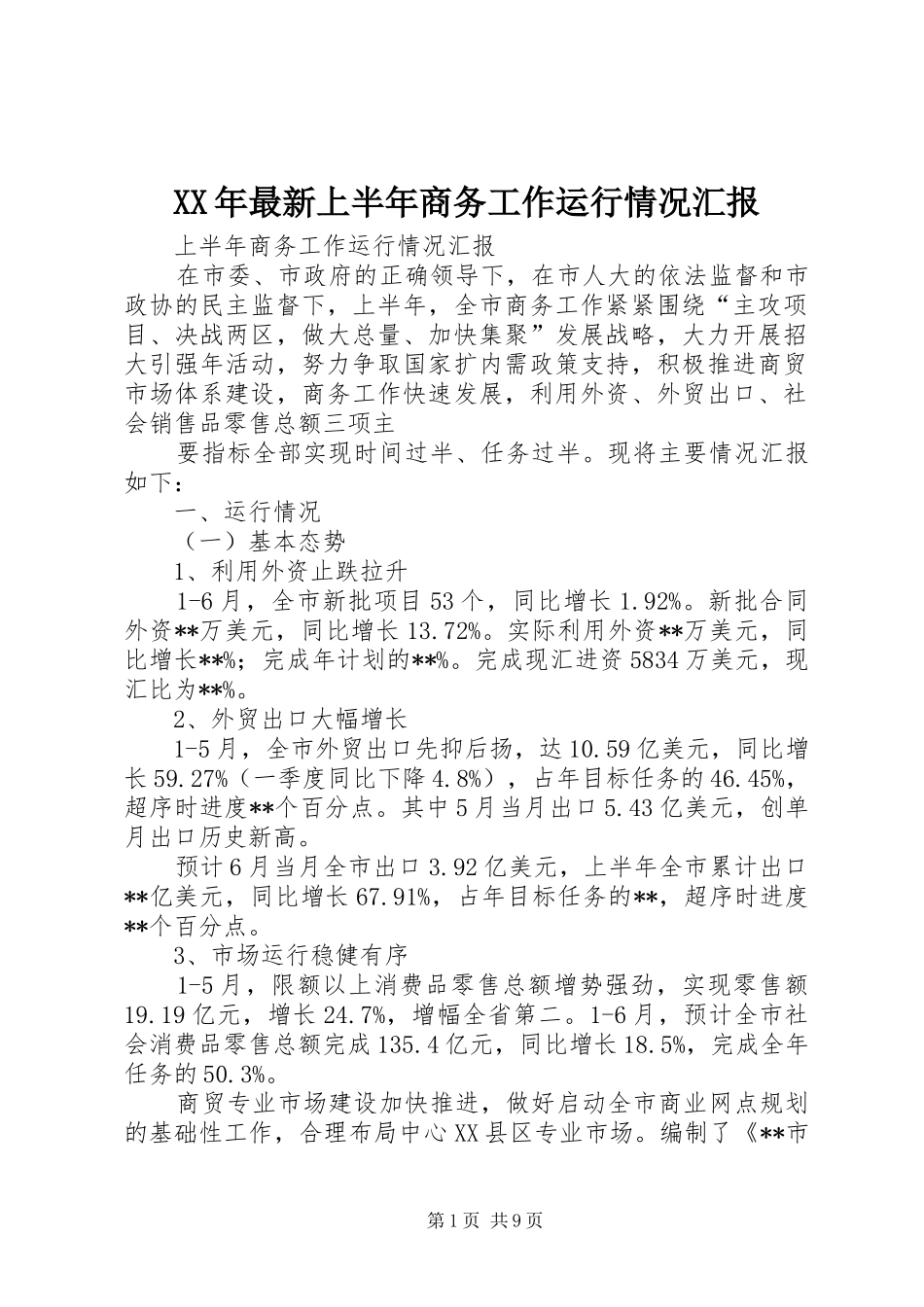 XX年最新上半年商务工作运行情况汇报_第1页