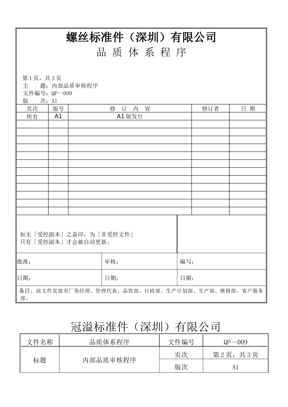 螺丝有限公司ISO90001范本--内部品质审核程序（doc）_第1页