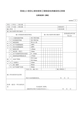 混凝土小型空心砌块砌体工程检验批质量验收记录表
