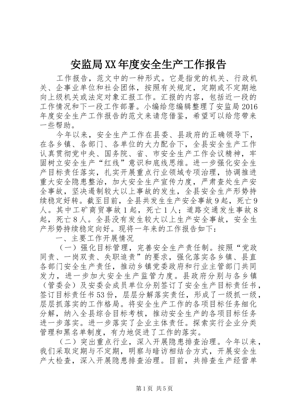 安监局XX年度安全生产工作报告_第1页