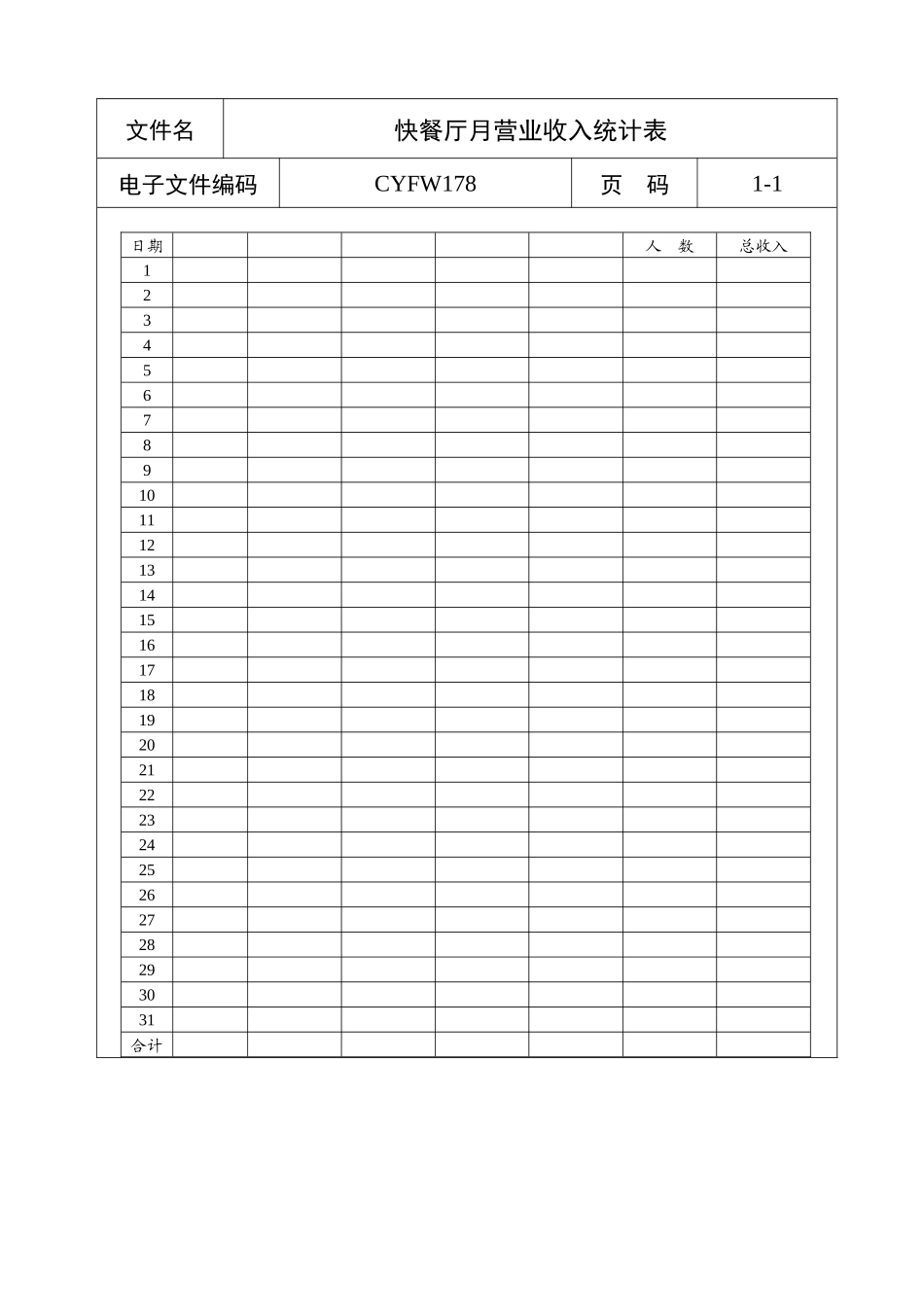 快餐厅月营业收入统计表_第1页