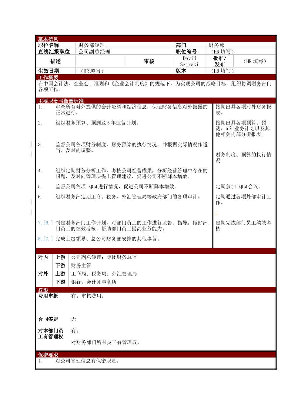 某大型电子公司财务部经理职位说明书_第1页