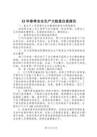 XX年春季安全生产大检查自查报告
