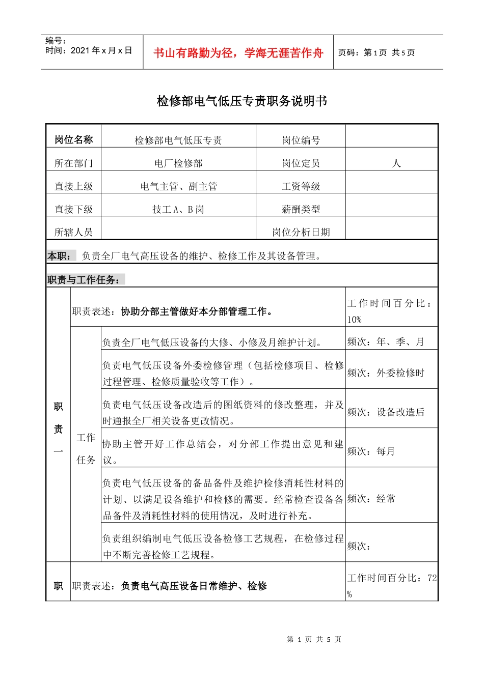 职务说明书－电气低压专责_第1页
