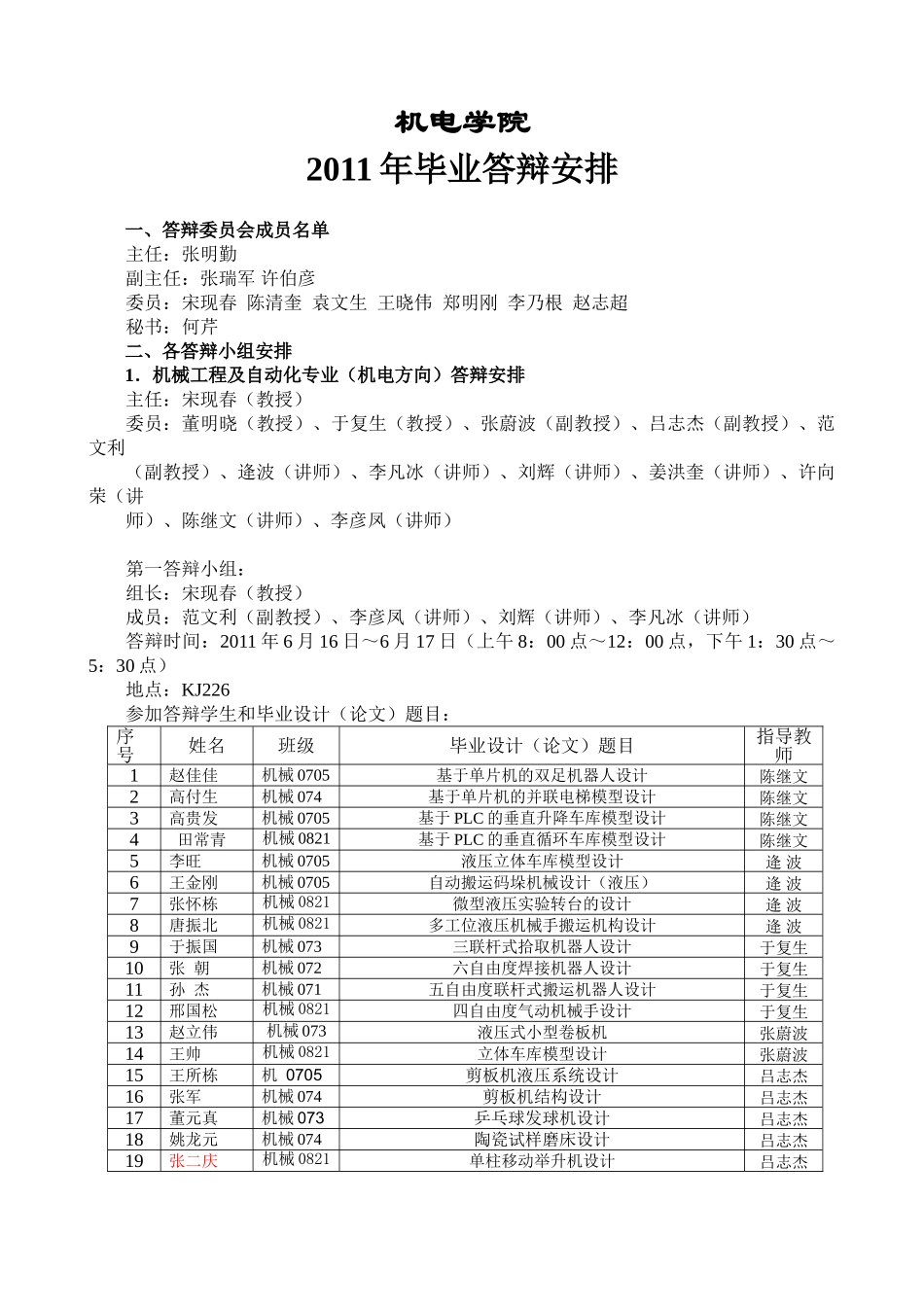 机电工程学院2011年毕业答辩安排表6.14_第1页
