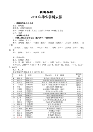 机电工程学院2011年毕业答辩安排表6.14
