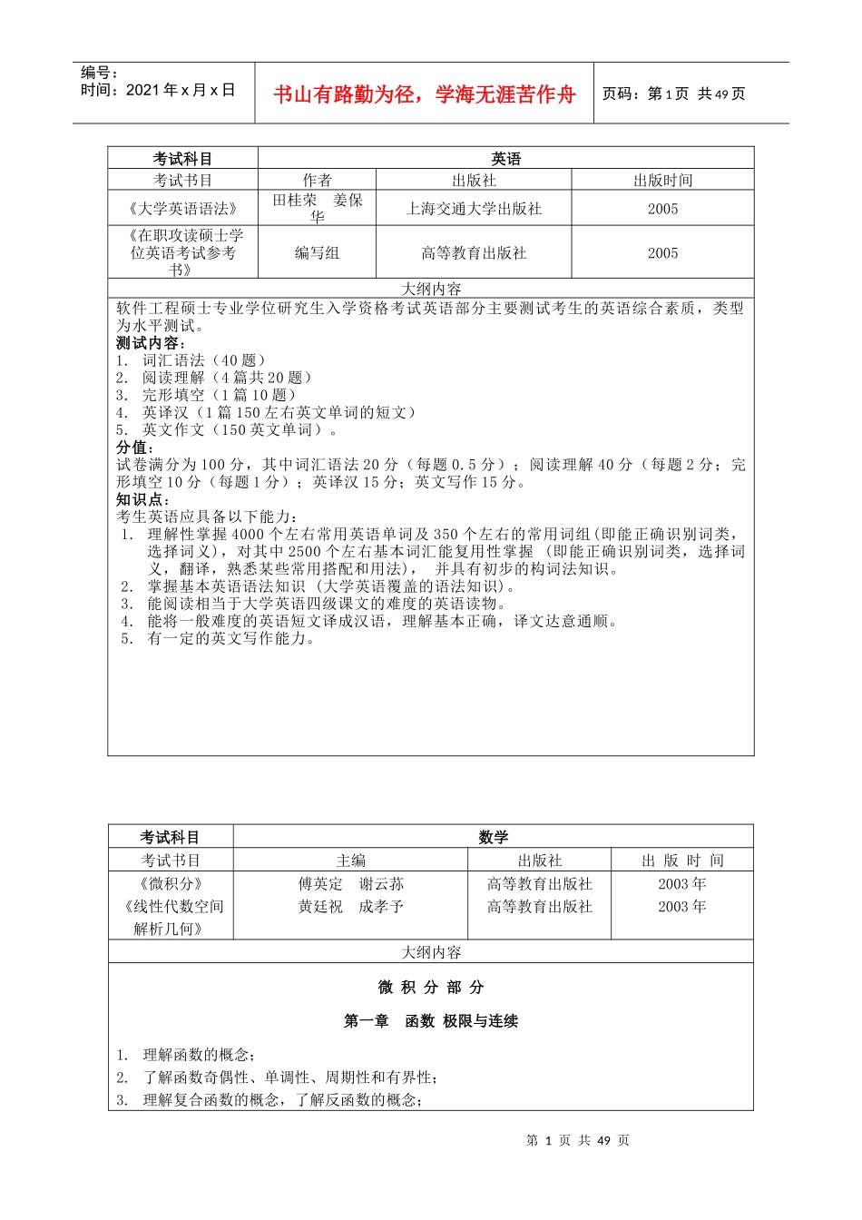 电子科技大学工程硕士入学考试大纲目录_第2页