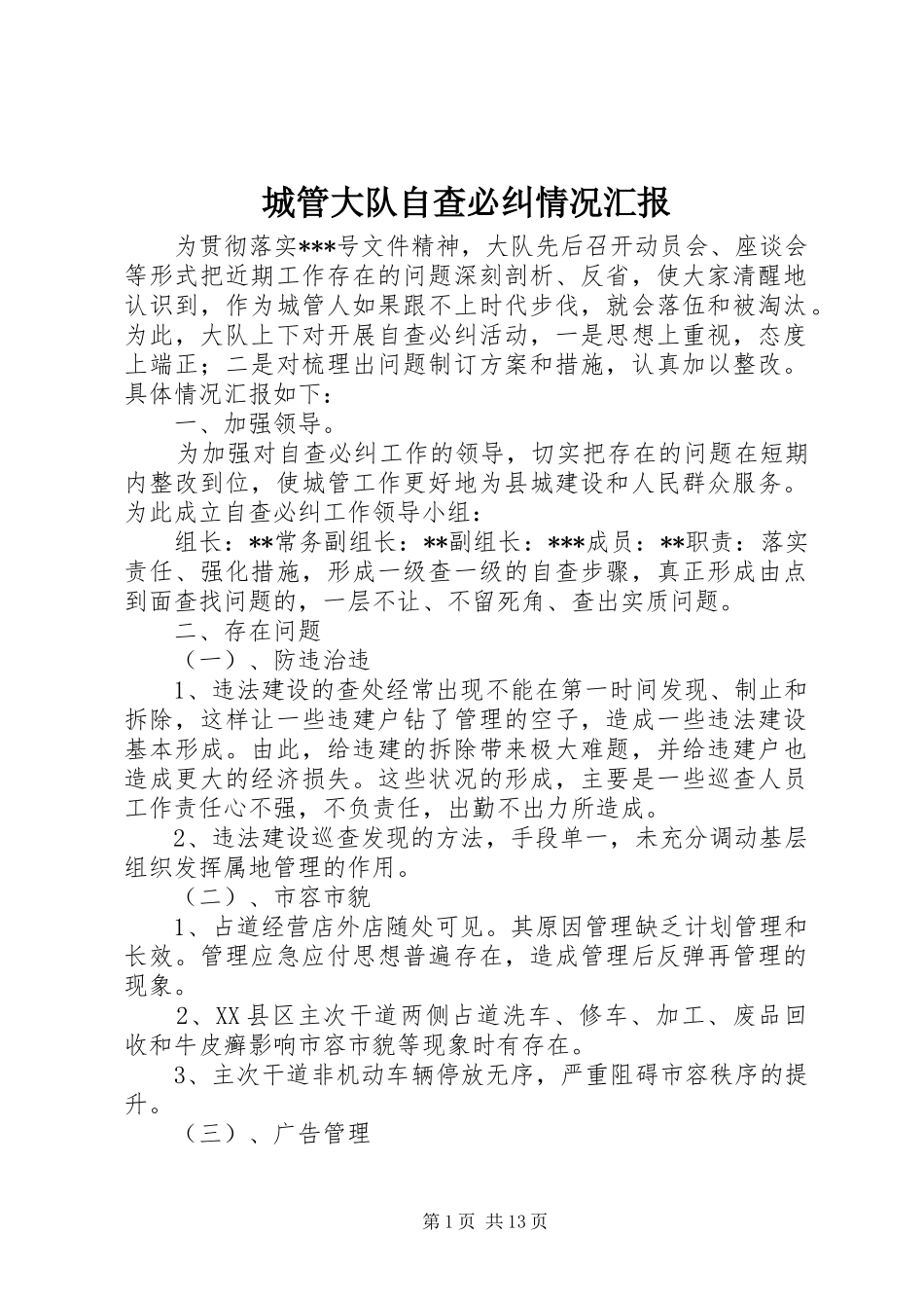 城管大队自查必纠情况汇报_第1页