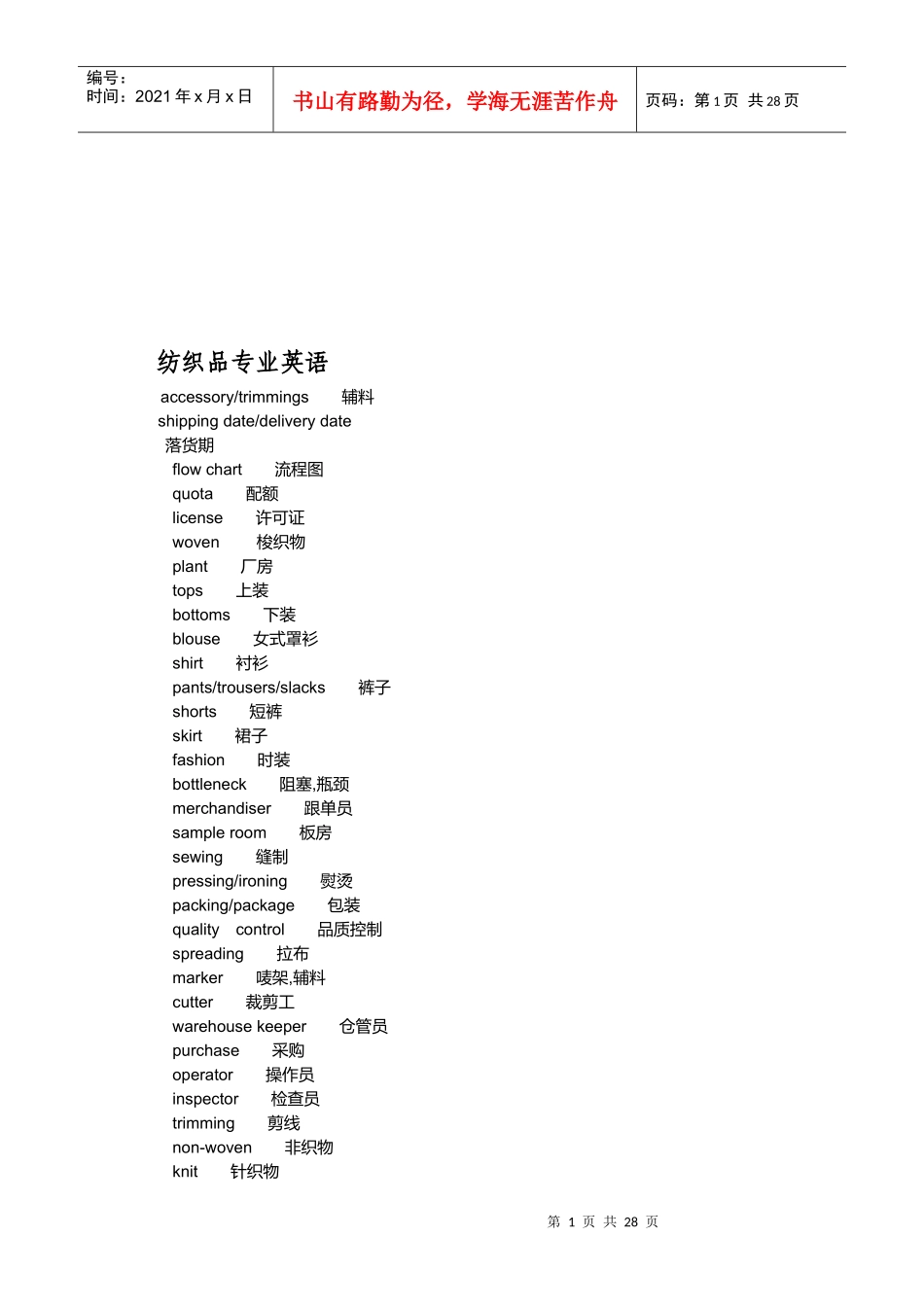 纺织品专业英语汇总_第1页