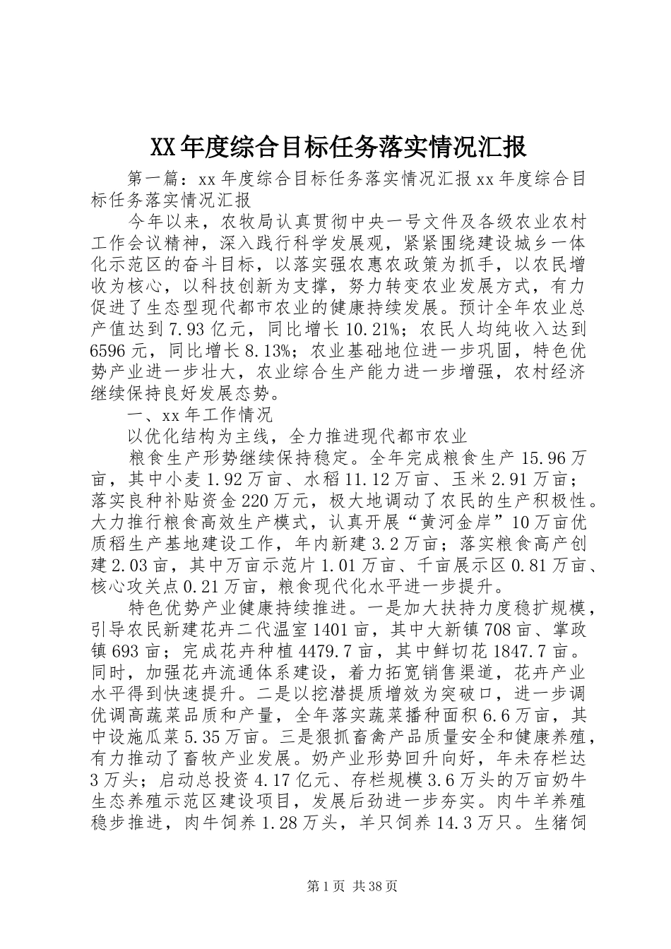 XX年度综合目标任务落实情况汇报_第1页