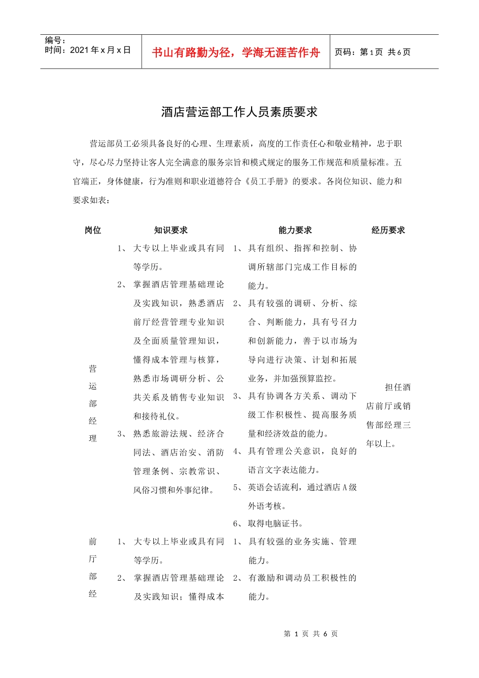 酒店营运部工作人员素质_第1页