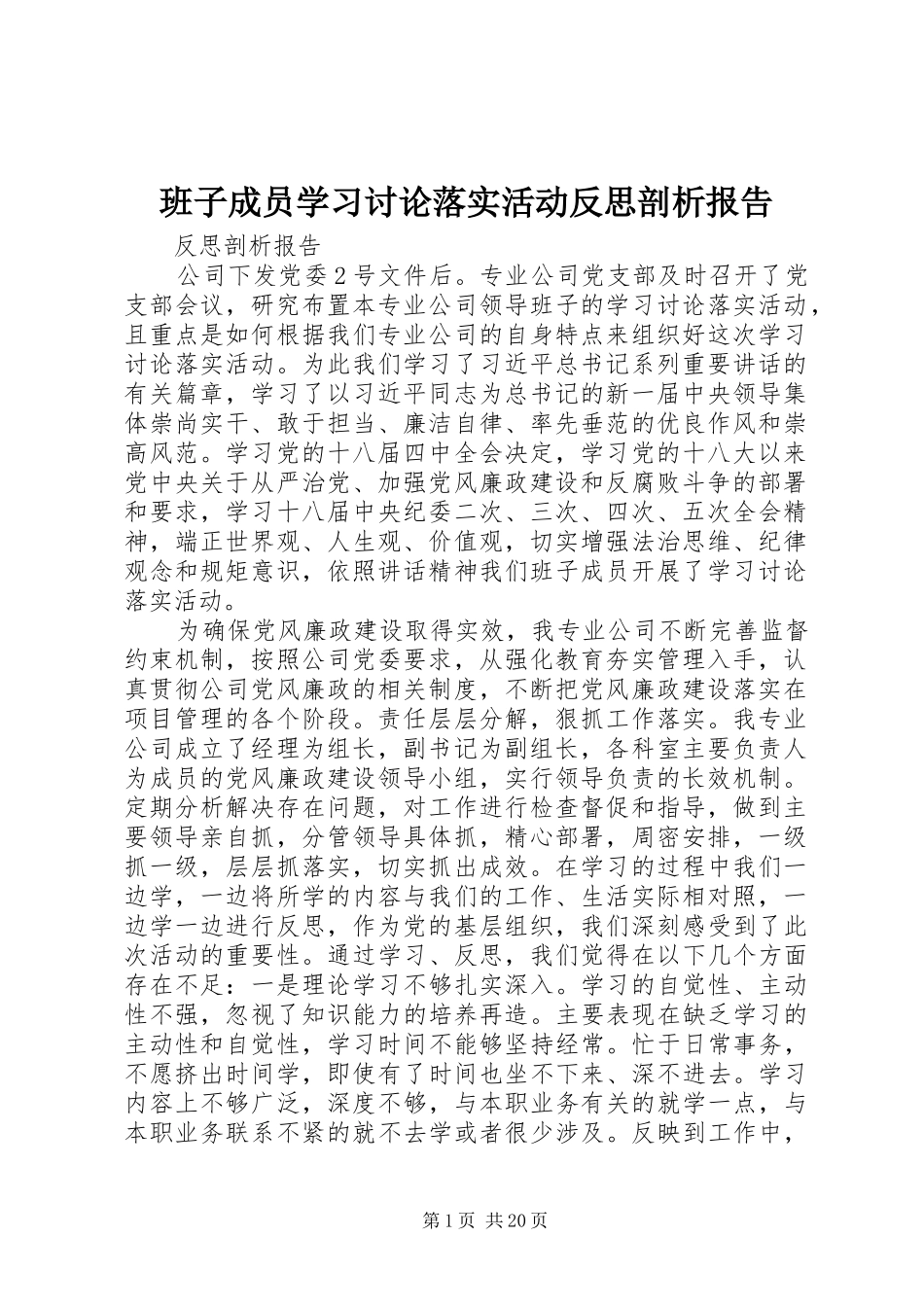 班子成员学习讨论落实活动反思剖析报告_第1页