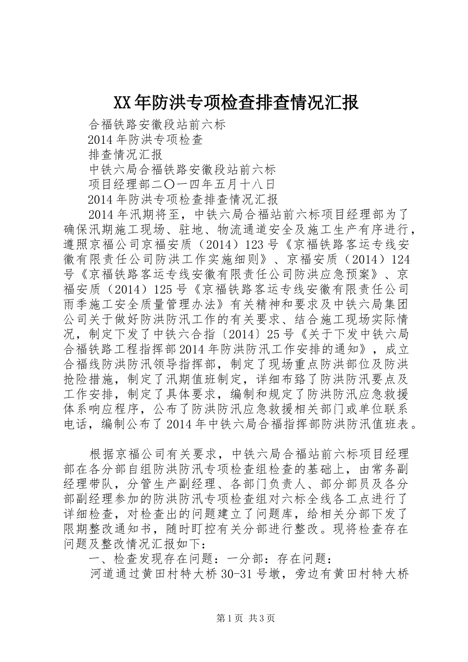 XX年防洪专项检查排查情况汇报_第1页