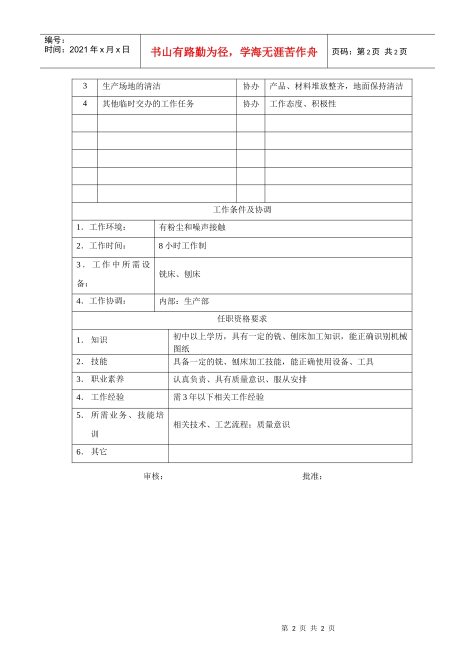 电力集团某大型电气配件企业铣工岗位说明书_第2页