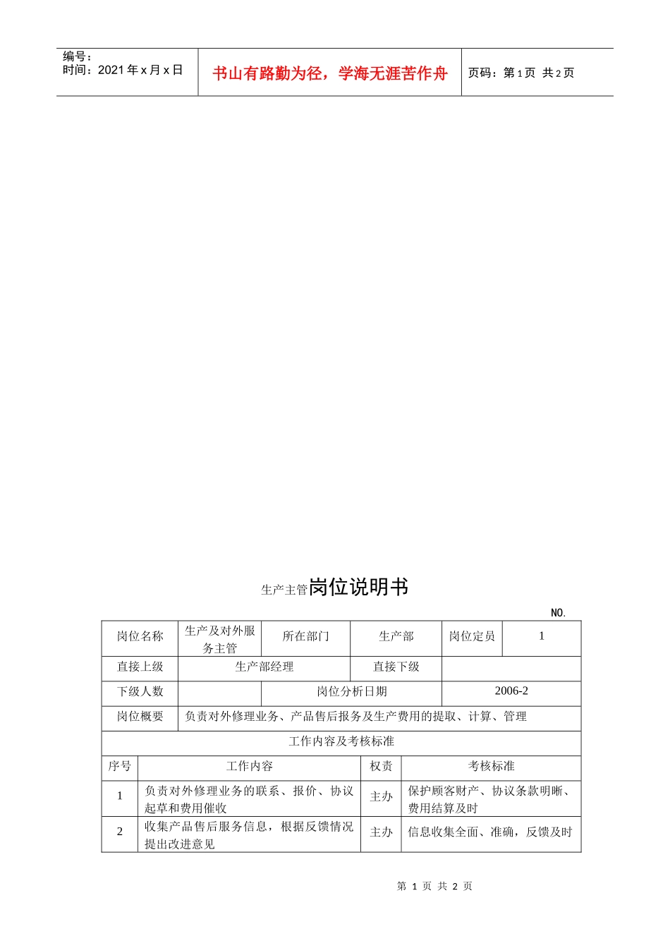 电力集团某大型电气配件企业生产主管岗位说明书_第1页
