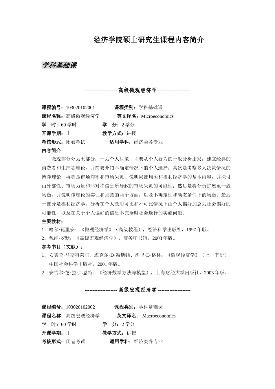 经济学院硕士研究生课程内容简介_第1页