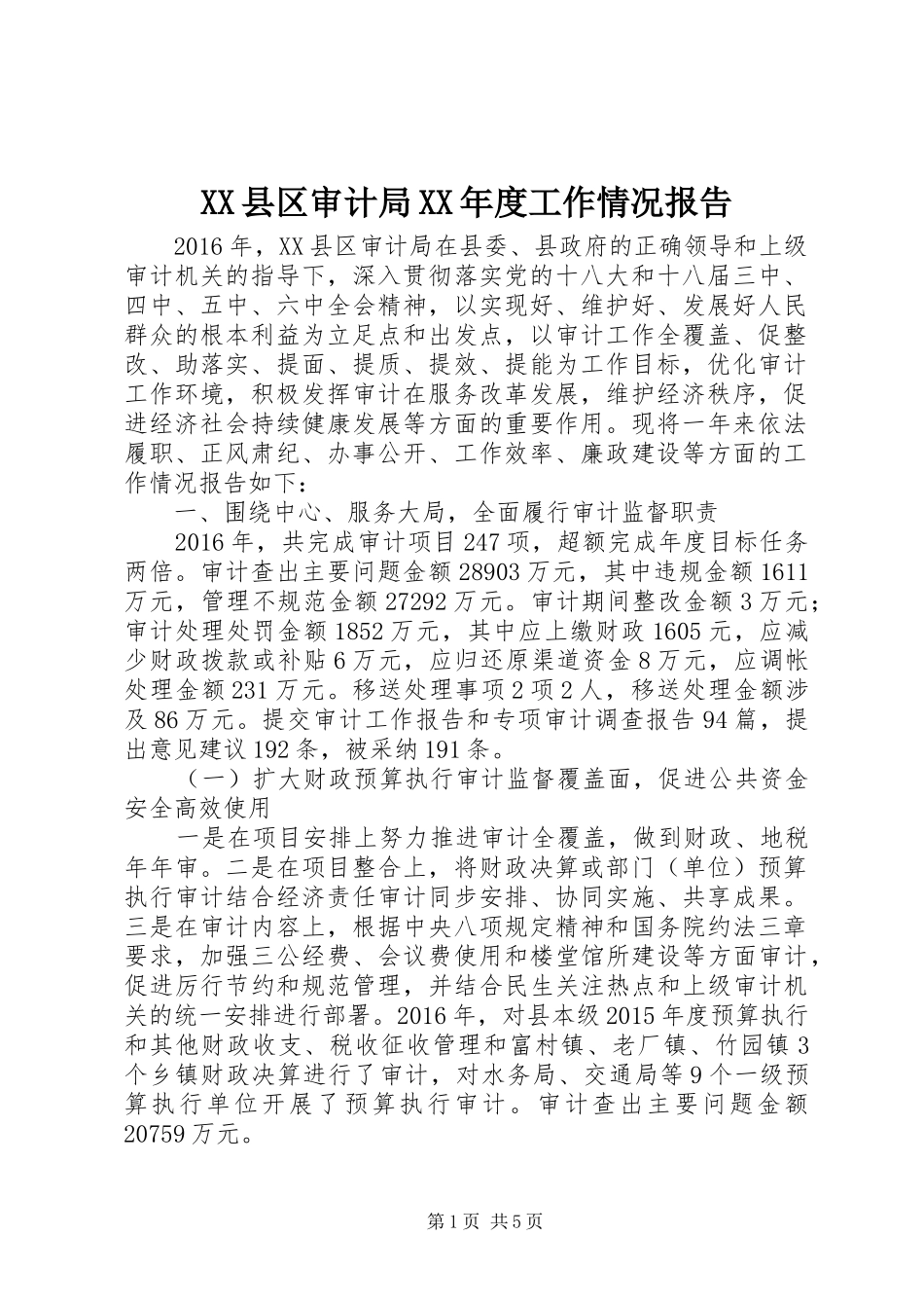 XX县区审计局XX年度工作情况报告_第1页