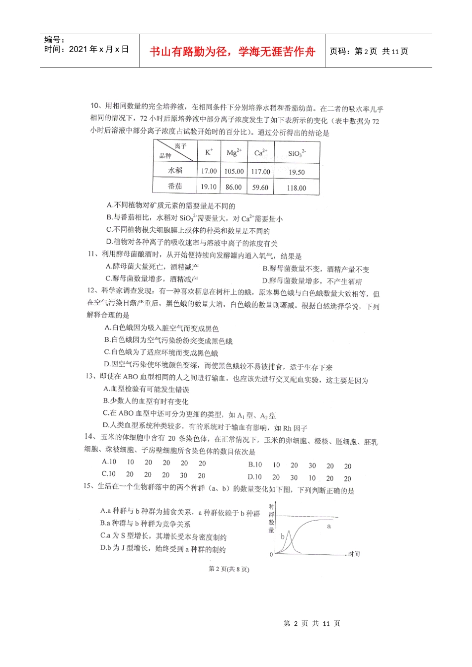 贵州省XXXX年中学生物学竞赛(初赛)试题_第2页