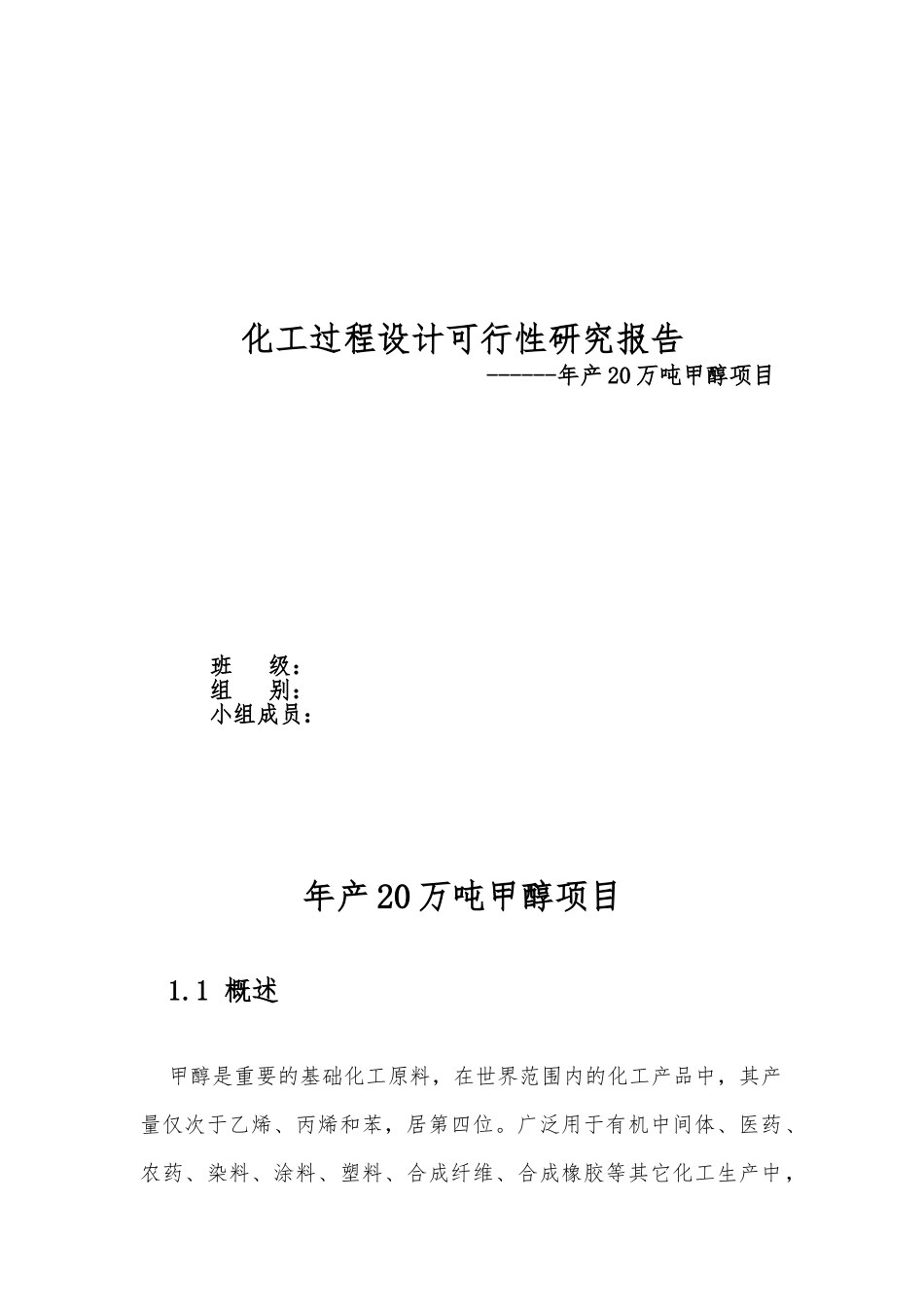 年产20万吨甲醇项目可行性报告_第1页