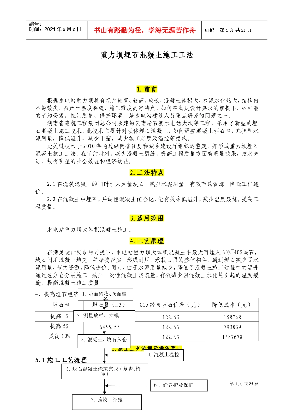 重力坝埋石混凝土施工工法(DOC33页)_第1页